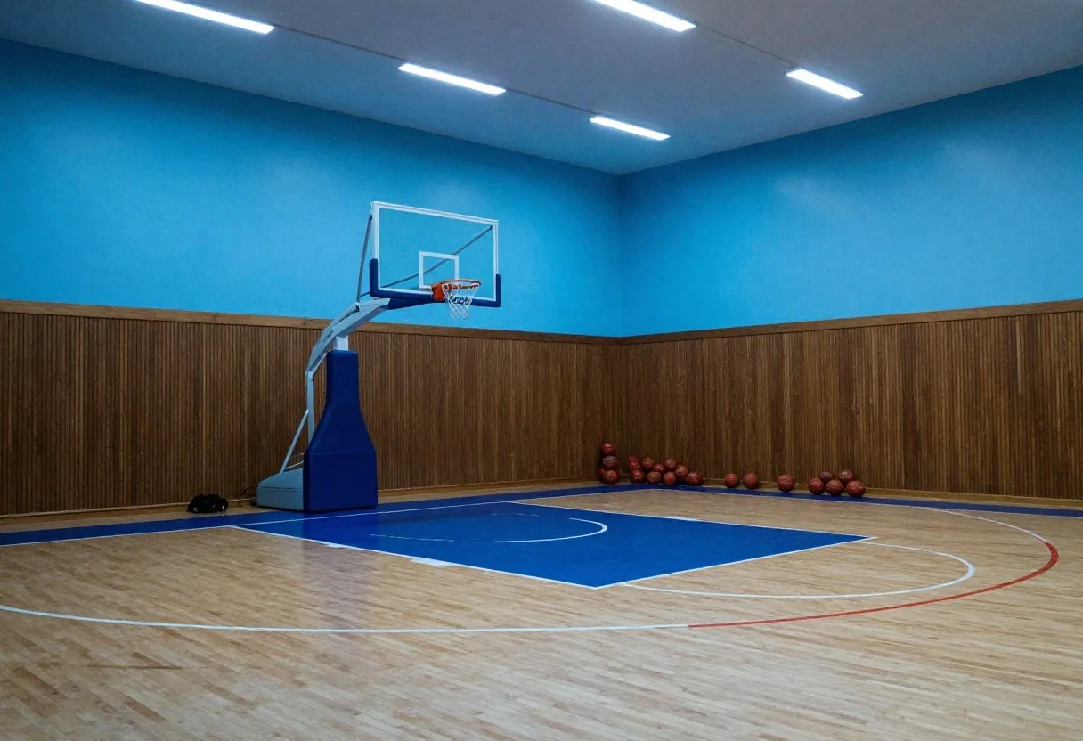 Kleine walisische Sporthalle mit Basketballkörben und Poliertboden