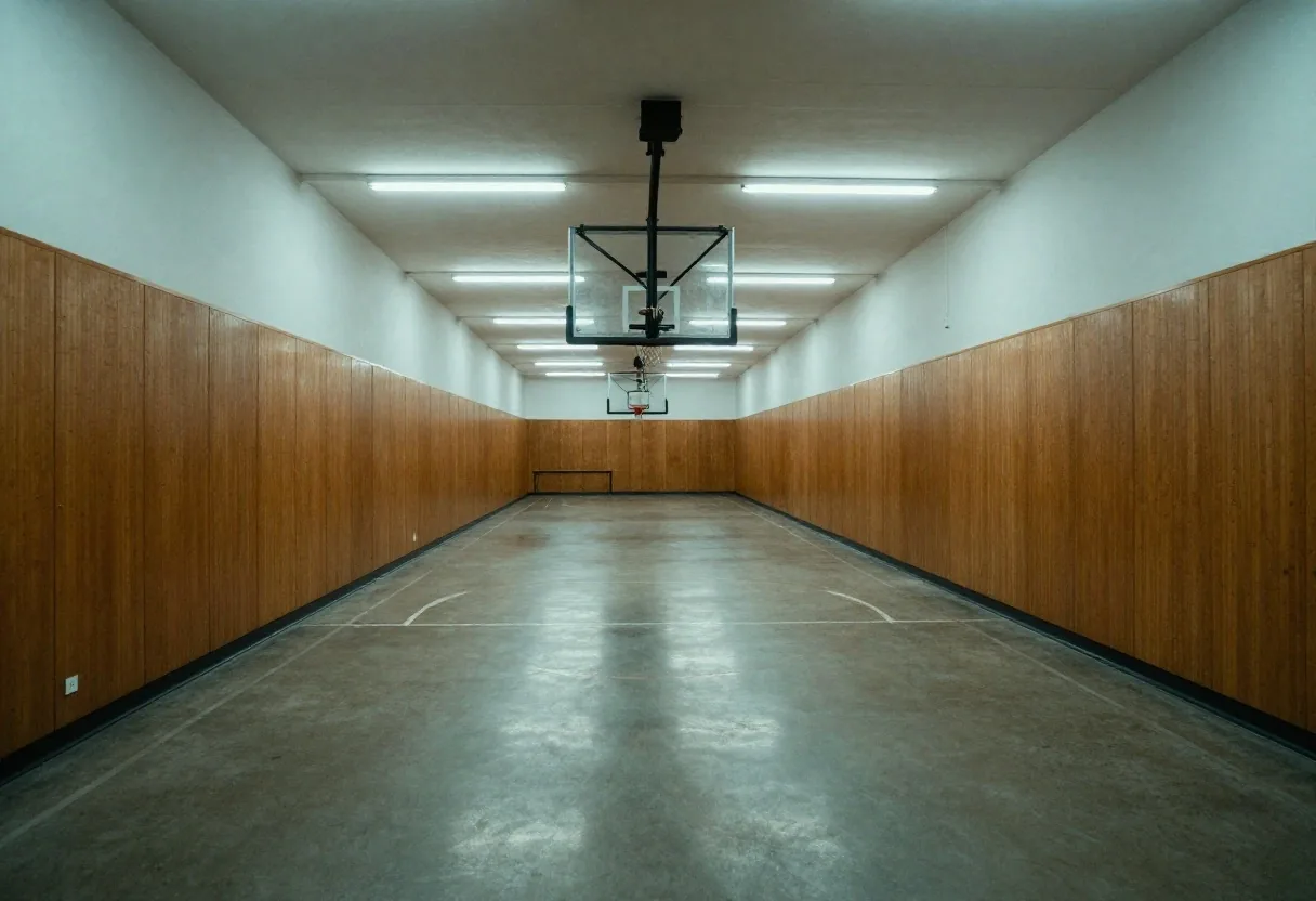 Schottische Sporthalle mit Betonboden und Rig-Beleuchtung