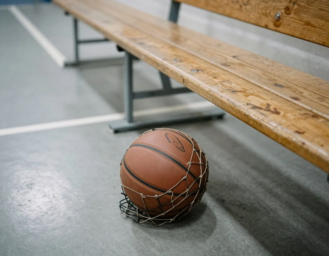 Basketbälle in einem Netzregal auf einer Bank