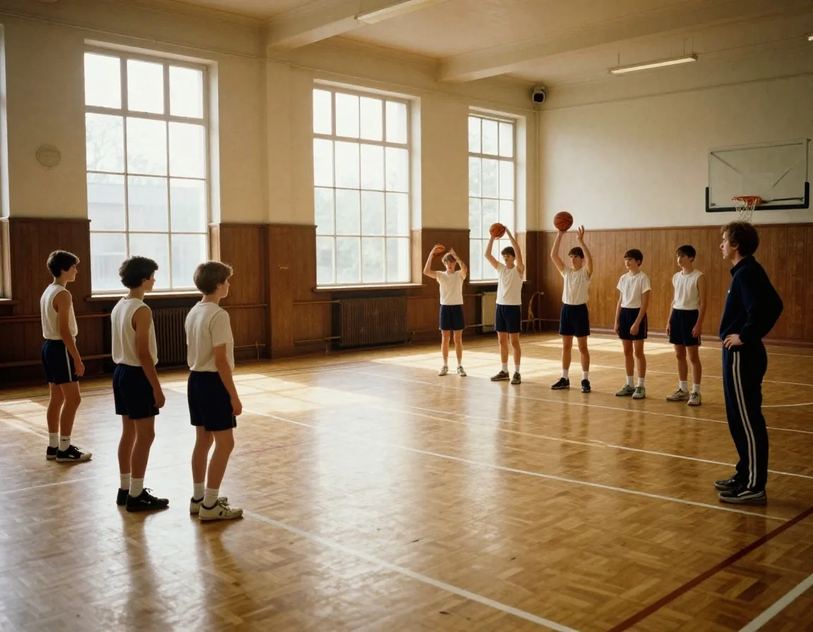 Schulbasketball-Training in einer britischen Schulsporthalle