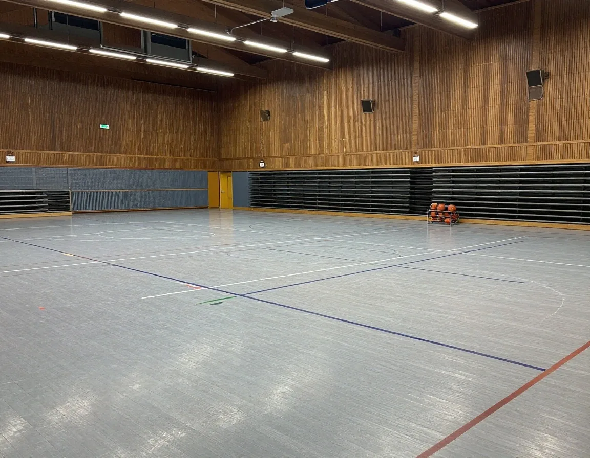 Leisure-Centre-Sporthalle in Südengland mit Ballregal