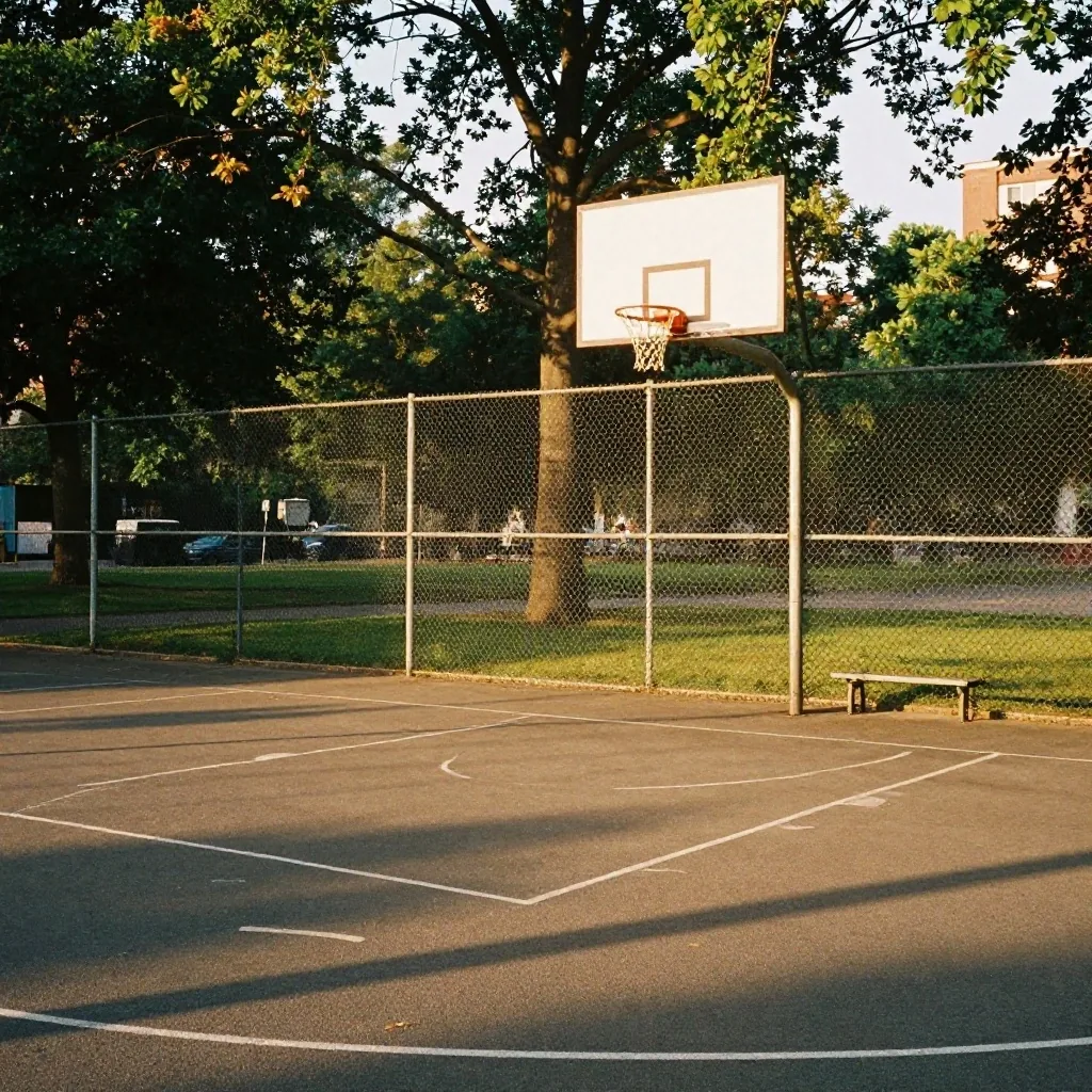 Outdoor-Amateur-Basketballplatz in einem britischen Park im Sommer